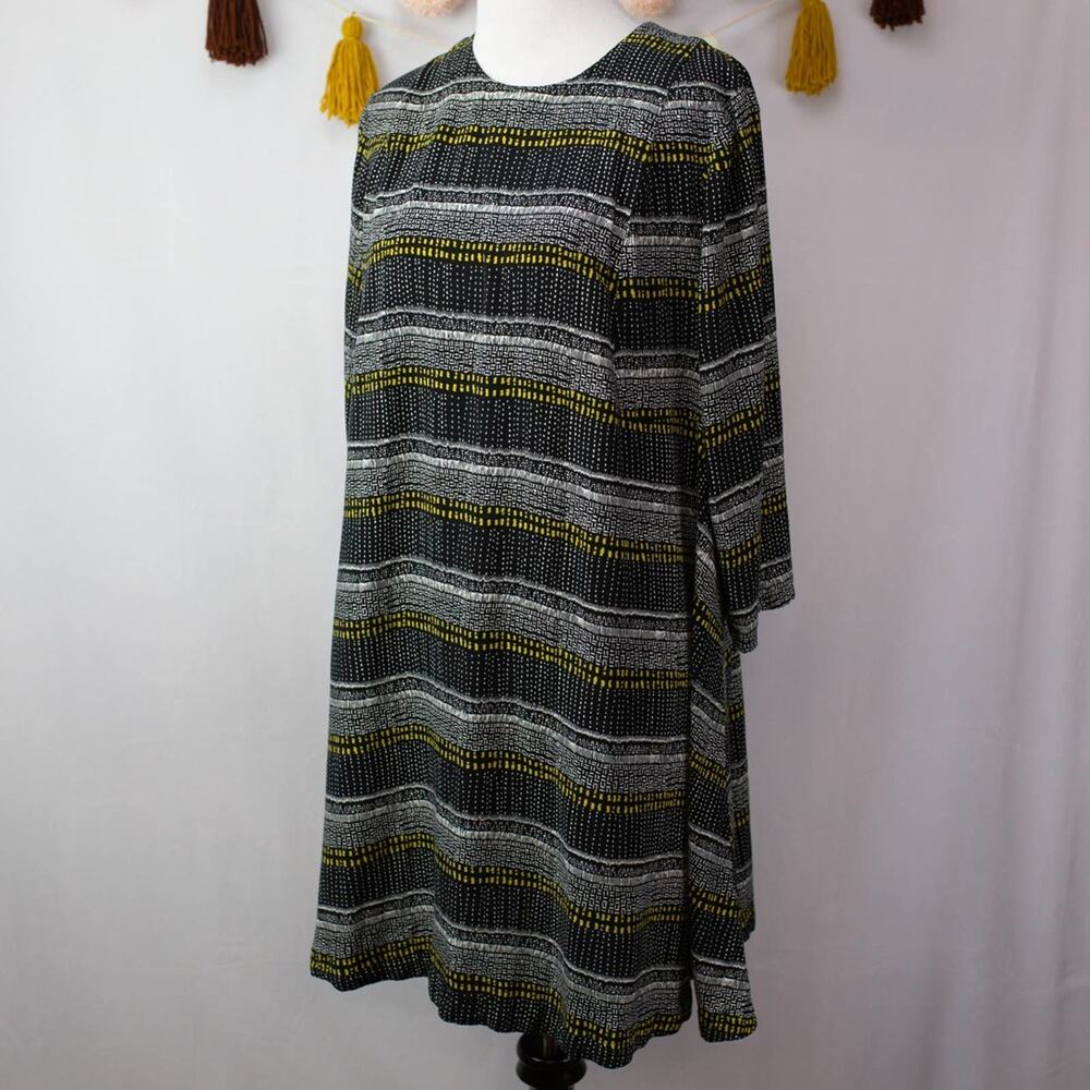 H&M Black Yellow Geometric Stripe 3/4 Sleeve Swing Mini Dress 12 Women's